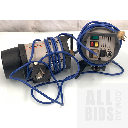 Pair of Elinchrom Prolinica 400 Flash Heads and Related Cords and Accessories in Carrying Bag
