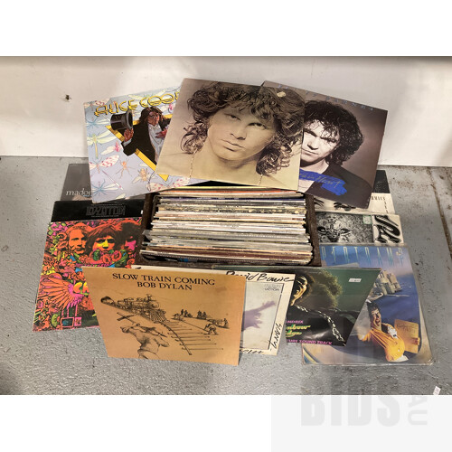 Collection Approx. 55 Vinyl LP Records Including the Doors, Jimi Hendrix, Bob Dylan, David Bowie, Supertramp, Neil Young, Santana, Eurythmics, Cream, Madonna, Alice Cooper, Jimmy Barnes, Led Zeppelin and More