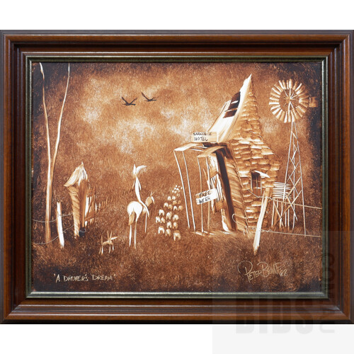 Peter Browne (born 1947), A Drover's Dream 1988, Vegemite on Board, 39 x 49 cm