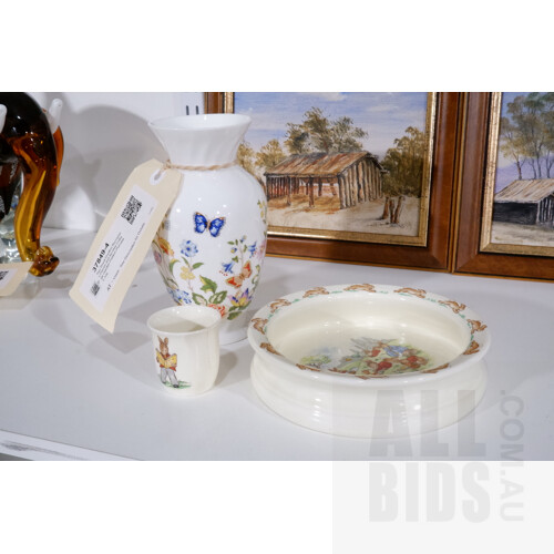 Two Royal Doulton Bunnykins Pieces and Aynsley Cottage Garden Pattern Porcelain Jug