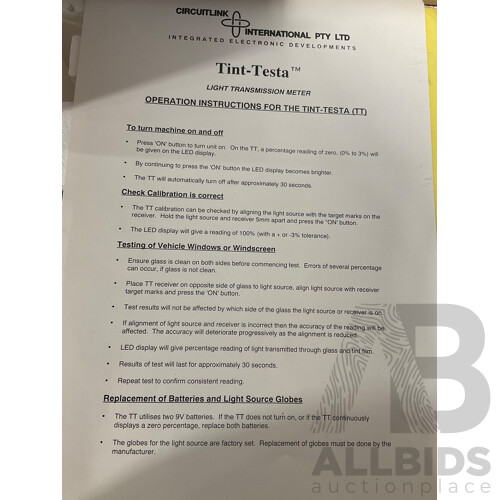 Circuit Link International Pty Ltd Tint Testa Light Transmission Meter in Box