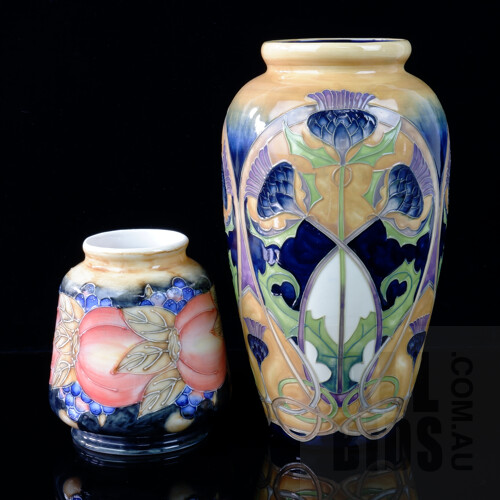 Tupton Ware Hand Painted Art Nouveau Style Thistle Pattern Porcelain Vase by Ex Morrcroft Designer Jeanne McDonald and Another Moorcroft Style Porcelain Vase
