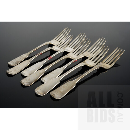 Seven Victorian Sterling Silver Mains Forks, Five Matched Exeter, John Stone, 1850, 521g