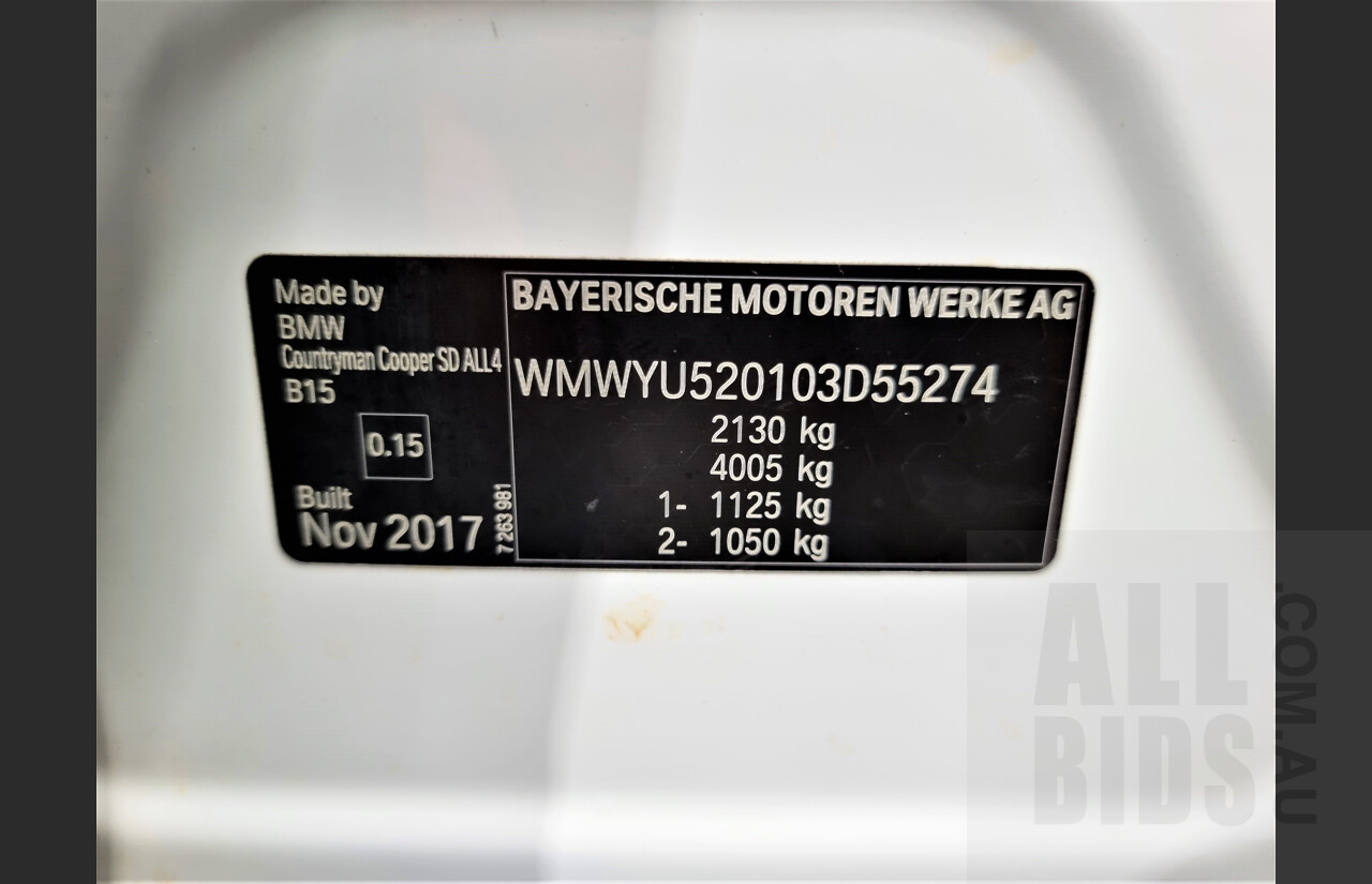 01/2018 Mini Cooper SD ALL4 Countryman R60 (AWD) 4dr Wagon Light White 2.0L Turbo Diesel