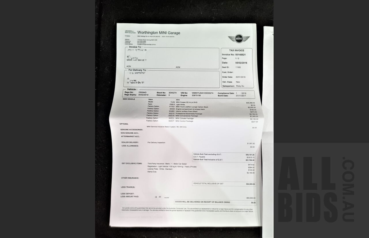 01/2018 Mini Cooper SD ALL4 Countryman R60 (AWD) 4dr Wagon Light White 2.0L Turbo Diesel