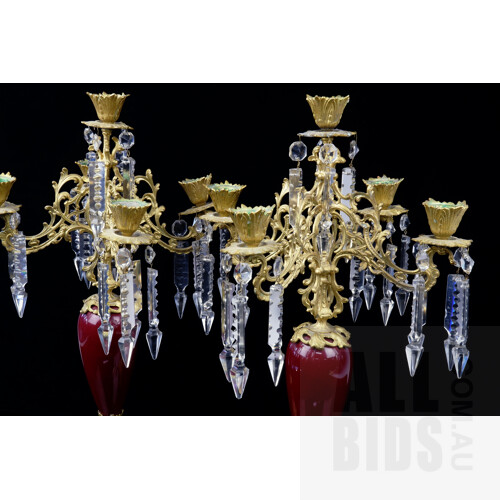 Good Pair of Antique Style Swedish Gilt Metal and Glass Candelabras with Prism Drops