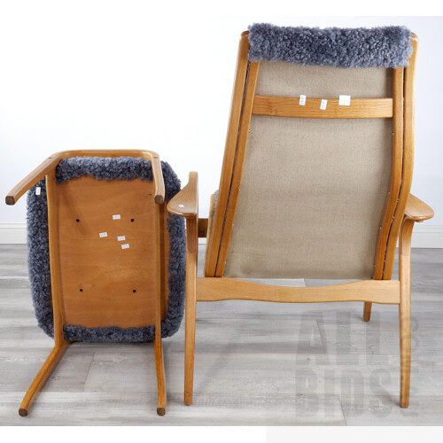 Yngve Ekstrom (Sweden 1913-1988) Lamino Oak Lounge Chair and Footstool with Sheepskin Upholstery