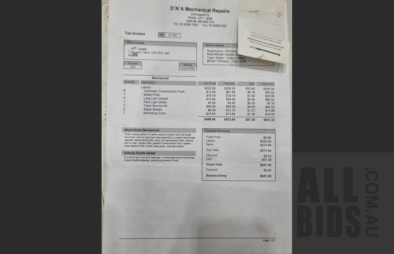 06/2006 Holden Statesman International WL 4d Sedan White 6.0L V8