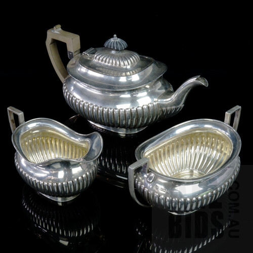 Antique Sterling Silver Teapot with Matching Creamer Jug and Sugar Bowl, Sheffield, Joseph Rodgers & Sons, 1913, 1124g