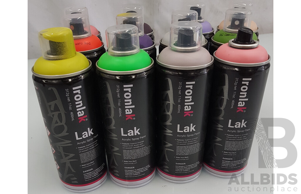 Bulk Lot of Ironlak Acrylic Spray Paint (Various Colours, 400ml) - Total Estimated ORP $387.00