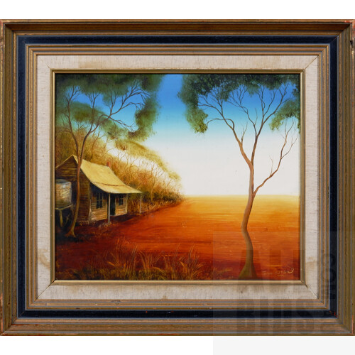 Sue Nagel (born 1942), Outback Cottage, Oil on Board, 29 x 34 cm