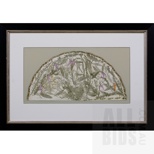 Edith Cowlishaw (born 1924), Fan I, Hardenbergia (Green), Etching & Aquatint, 25 x 48 cm (image)