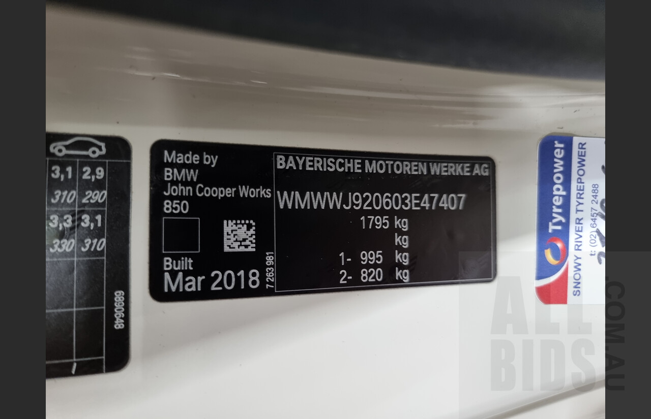 5/2018 Mini Cooper John Cooper Works JCW F57 MY18 2d Roadster Pearl White 2.0L