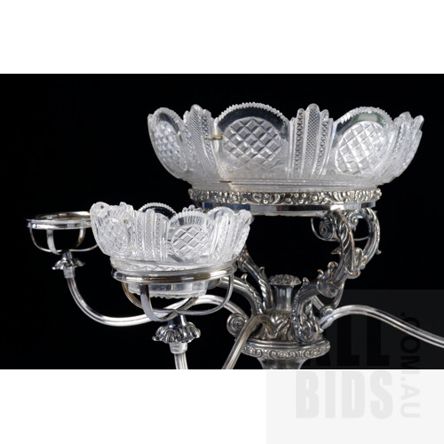 Antique Sheffield Plate Epergne with Antique Staple Repairs to Central Lead Crystal Bowl