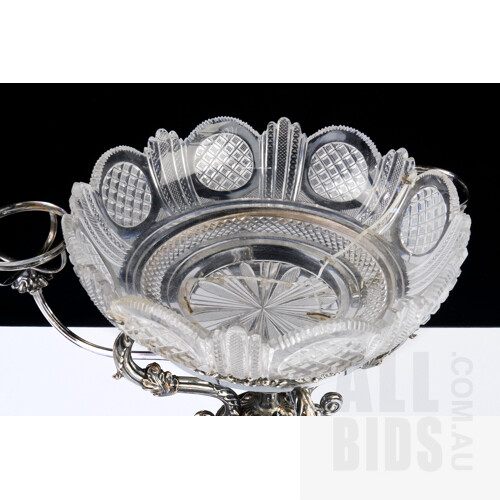 Antique Sheffield Plate Epergne with Antique Staple Repairs to Central Lead Crystal Bowl