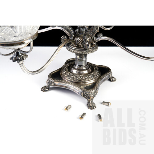 Antique Sheffield Plate Epergne with Antique Staple Repairs to Central Lead Crystal Bowl