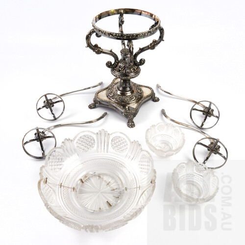 Antique Sheffield Plate Epergne with Antique Staple Repairs to Central Lead Crystal Bowl