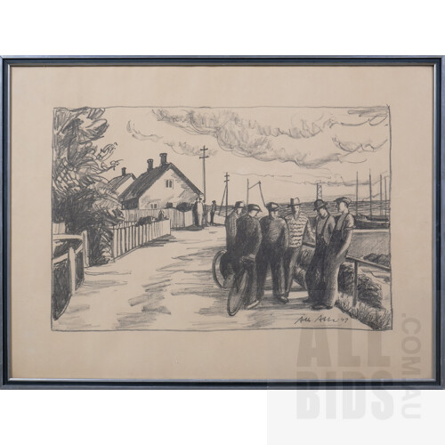 Albert Abbe (1889-1966, Swedish), Untitled (The Gathering) 1940, Charcoal, 51 x 64 cm (incl. frame)