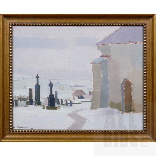 Richard Bjorklund (1897-1974, Swedish), Untitled (Church and Graves) 1942, Oil on Board, 38 x 46 cm (incl. frame)