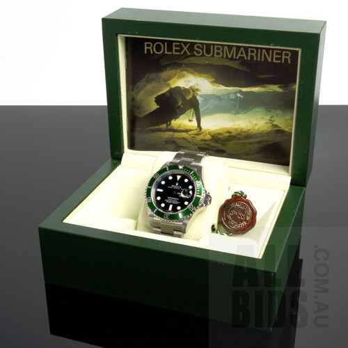 Good Genuine Rolex Gents Oyster Perpetual Submariner 16610LV With Black Dial and Iconic 'Kermit' Green Bezel with Original Box, Booklets and Original Paperwork