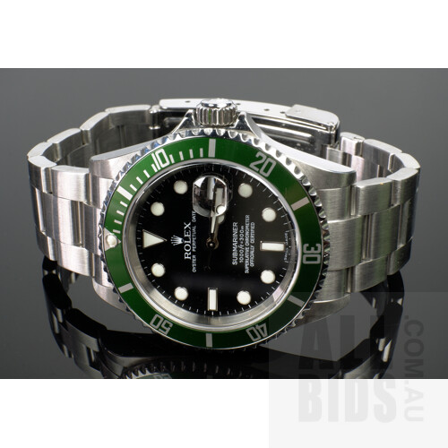 Good Genuine Rolex Gents Oyster Perpetual Submariner 16610LV With Black Dial and Iconic 'Kermit' Green Bezel with Original Box, Booklets and Original Paperwork