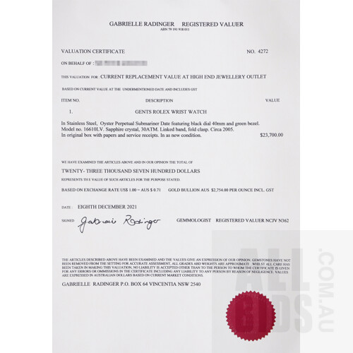 Good Genuine Rolex Gents Oyster Perpetual Submariner 16610LV With Black Dial and Iconic 'Kermit' Green Bezel with Original Box, Booklets and Original Paperwork