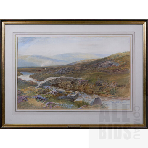 Harry Johnson (British, 1826-1884), Prehistoric Bridge on the Walla Brook, Dartmoor 1881, watercolour, 51 x 33cm (72 x 97.5cm framed) 