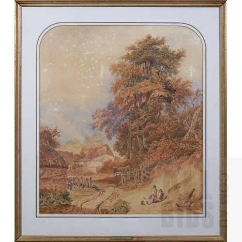 Joshua Cristall (British, 1767-1847), Boys Seated on a Bank by the Entrance to Farm Cottages, watercolour, 62 x 54cm (78.5 x 69cm framed)
