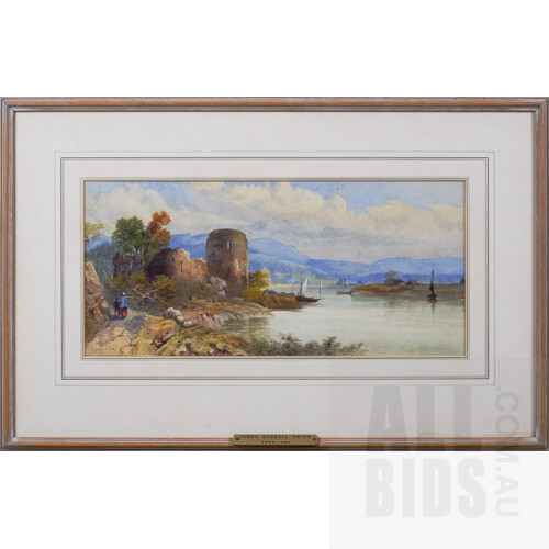 James Burrell Smith (British, 1824-1897), Figures on a Path by a Lake with Castle Ruins, pencil and coloured washes, 18.5 x 39cm (37 x 57cm framed)