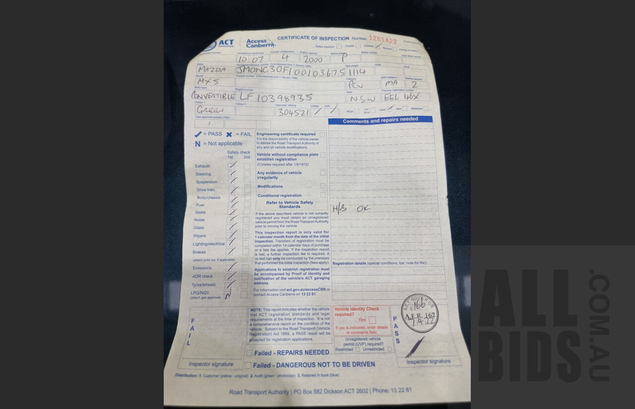 1/2007 Mazda MX-5 NC Hardtop 2d Convertible Green 2.0L