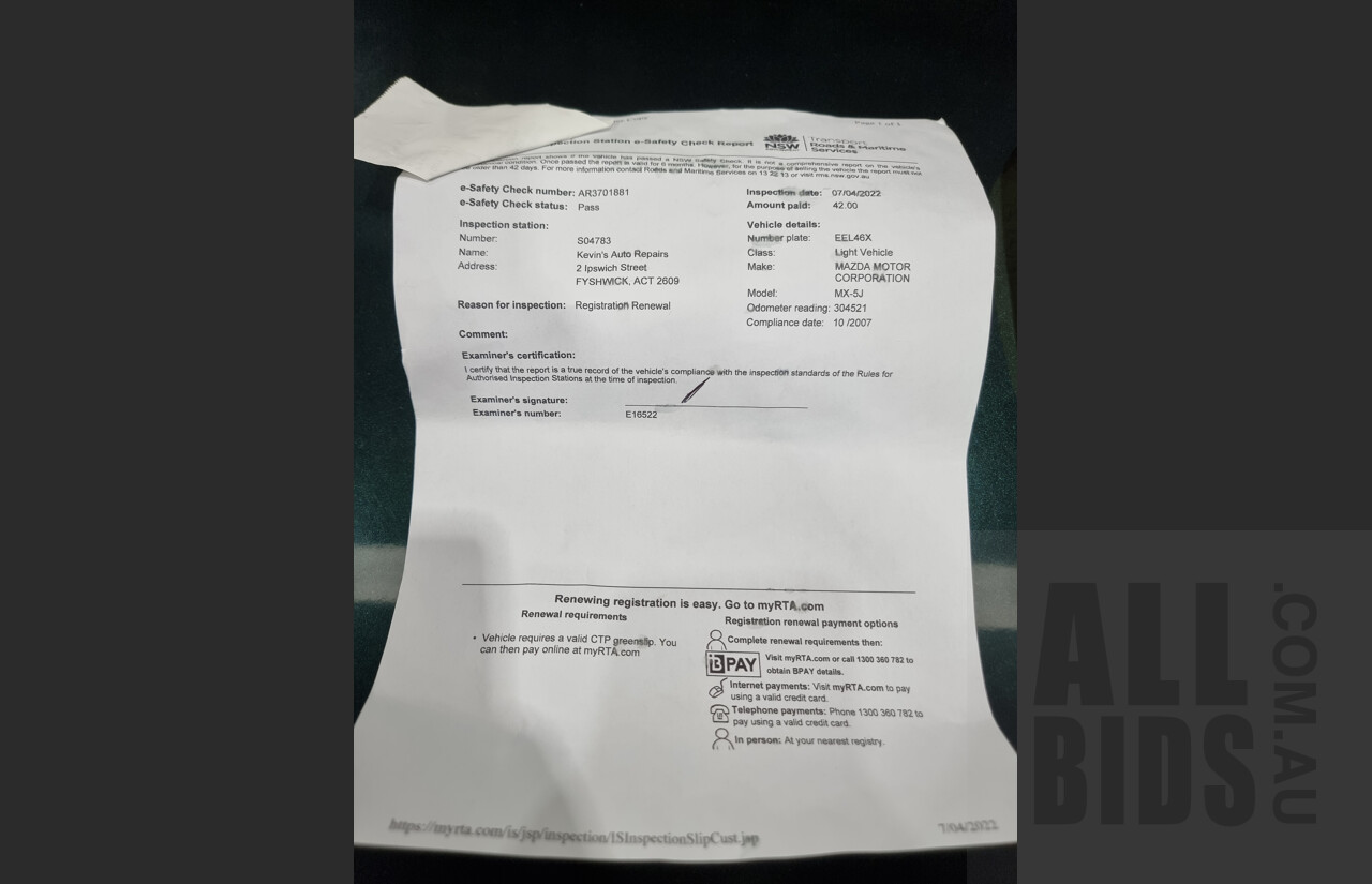 1/2007 Mazda MX-5 NC Hardtop 2d Convertible Green 2.0L