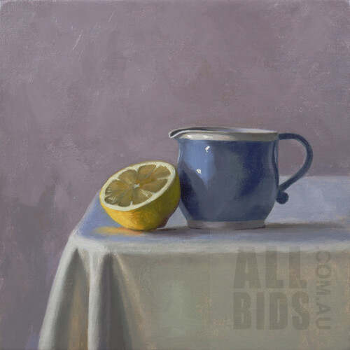 Crispin Akerman (born 1960), Lemon & Jug 2019, Oil on Linen, 25.5 x 25.5 cm