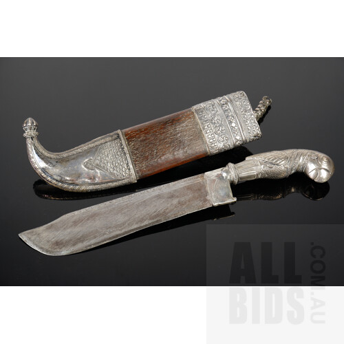 Antique Silver and Hardwood Cased Knife with Parrot Head Handle