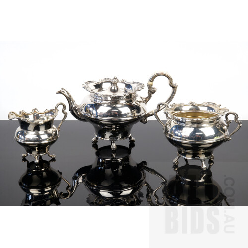 Good Sterling Silver Bachelors Teapot with Creamer Jug and Sugar Bowl, Sheffield, George Warriss, 1905, 591g