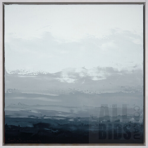 Sokquon Tran (born 1969), Highlands Landscape 7, Oil on Belgian Linen (with white timber box frame), 48.5 x 48.5 cm