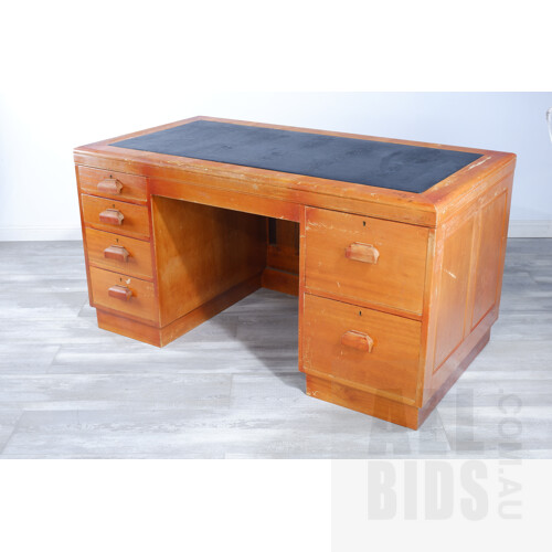 Vintage Oak Desk with Green Leather Inlay