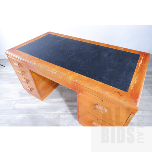 Vintage Oak Desk with Green Leather Inlay