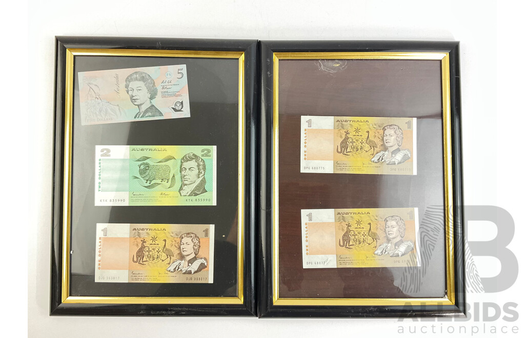 Framed Australian Paper and Polymer Bank Notes Including Two Dollar Johnston/Fraser, One Dollar Johnston/stone (5)