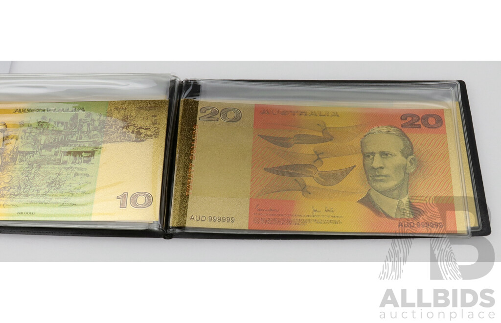 24ct Gold Foil Note Replicas of Original Australian Paper Bank Notes, Complete Set with Certificate of Authenticity