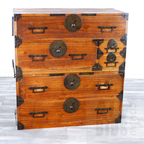 Antique Style Japanese Elm and Wrought Metal Bound Kimono Chest on Chest, First Set