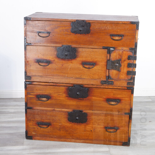 Antique Style Japanese Elm and Wrought Metal Bound Kimono Chest on Chest, Second Set