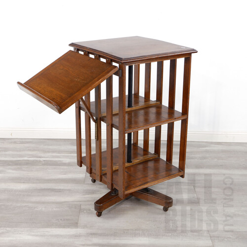 Good Edwardian Oak Revolving Bookcase with Folding Lecture Stand