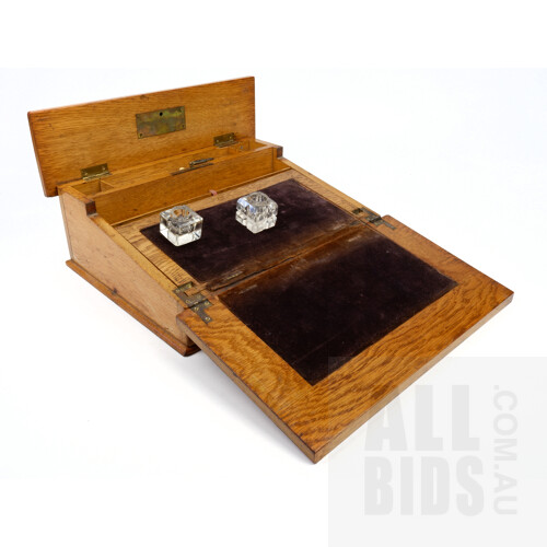 Good Victorian Oak Writing Slope with Brass Shield Medallion, Late 19th Century