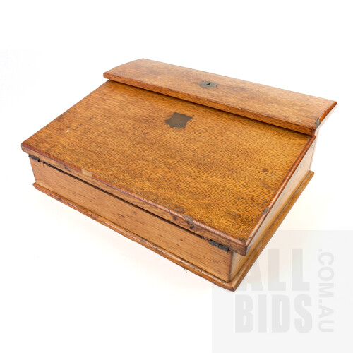 Good Victorian Oak Writing Slope with Brass Shield Medallion, Late 19th Century