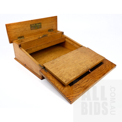 Good Victorian Oak Writing Slope with Brass Shield Medallion, Late 19th Century