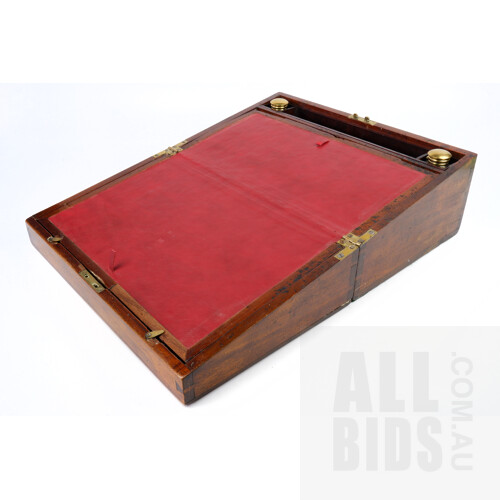 Antique Mahogany Writing Slope with Cobalt Blue Faceted Glass Inkwells, Late 19th Early 20th Century