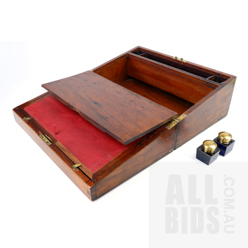 Antique Mahogany Writing Slope with Cobalt Blue Faceted Glass Inkwells, Late 19th Early 20th Century
