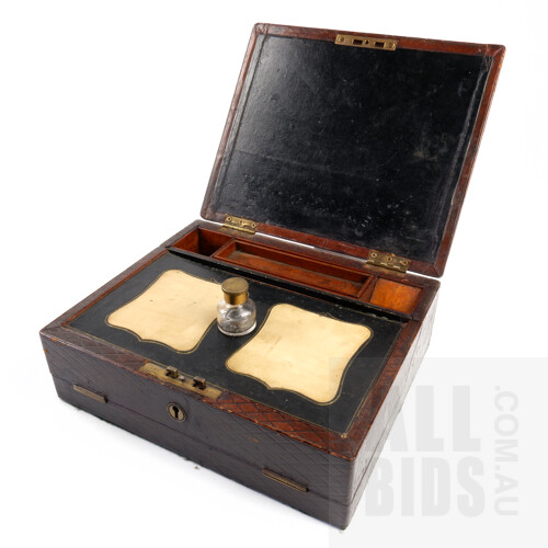 Early 20th Century Gilt Tooled and Embossed Leather Wrapped Writing Slop with Engraved Brass Hardware