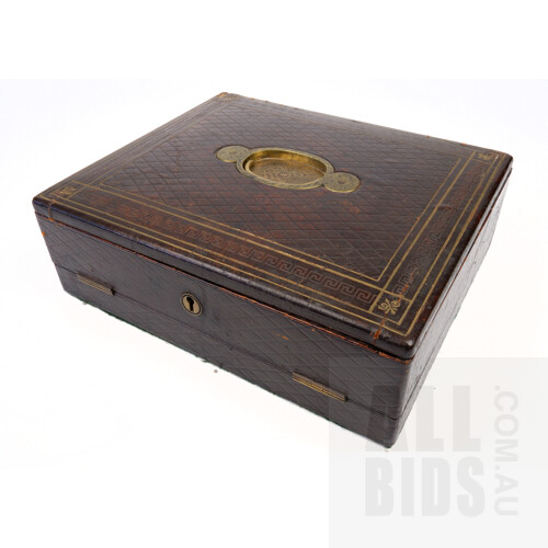 Early 20th Century Gilt Tooled and Embossed Leather Wrapped Writing Slop with Engraved Brass Hardware