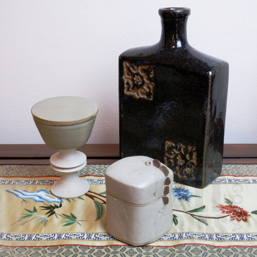 Rick Ball Glazed Ceramic Container Ex Beaver Galleries, With A Signed Studio Ceramic Chalice and a Glazed Earthenware vase 